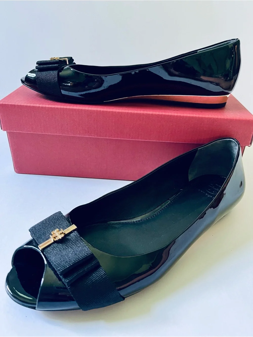 Tory Burch Trudy Black Patent Leather Peep-Toe Bow Flats - Size 10.5 M